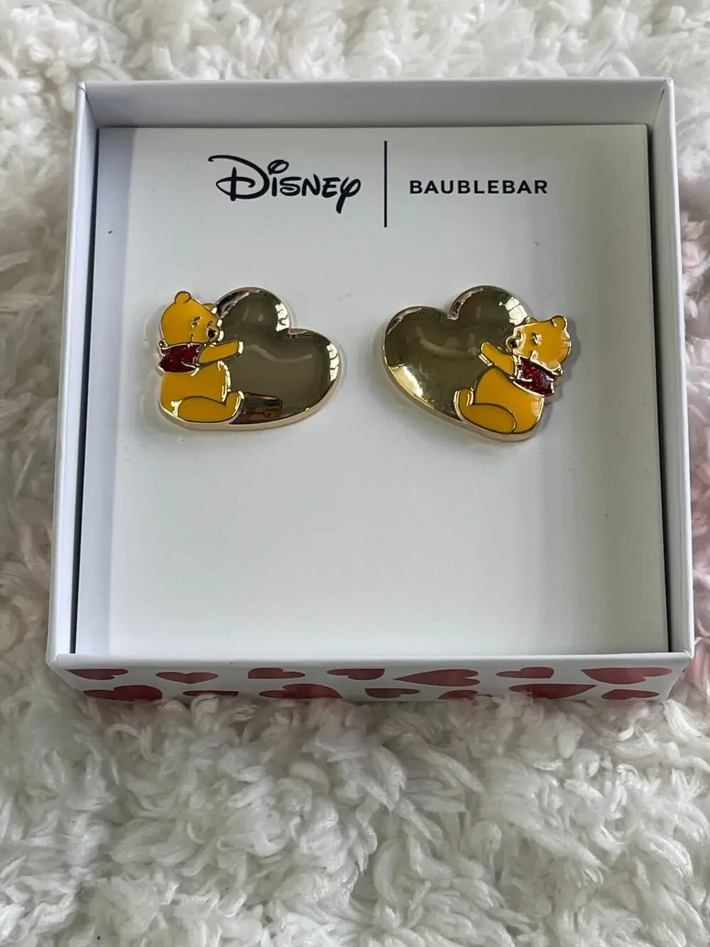 Disney BaubleBar Winnie the Pooh Heart Stud Valentines Earrings Gold Tone Red